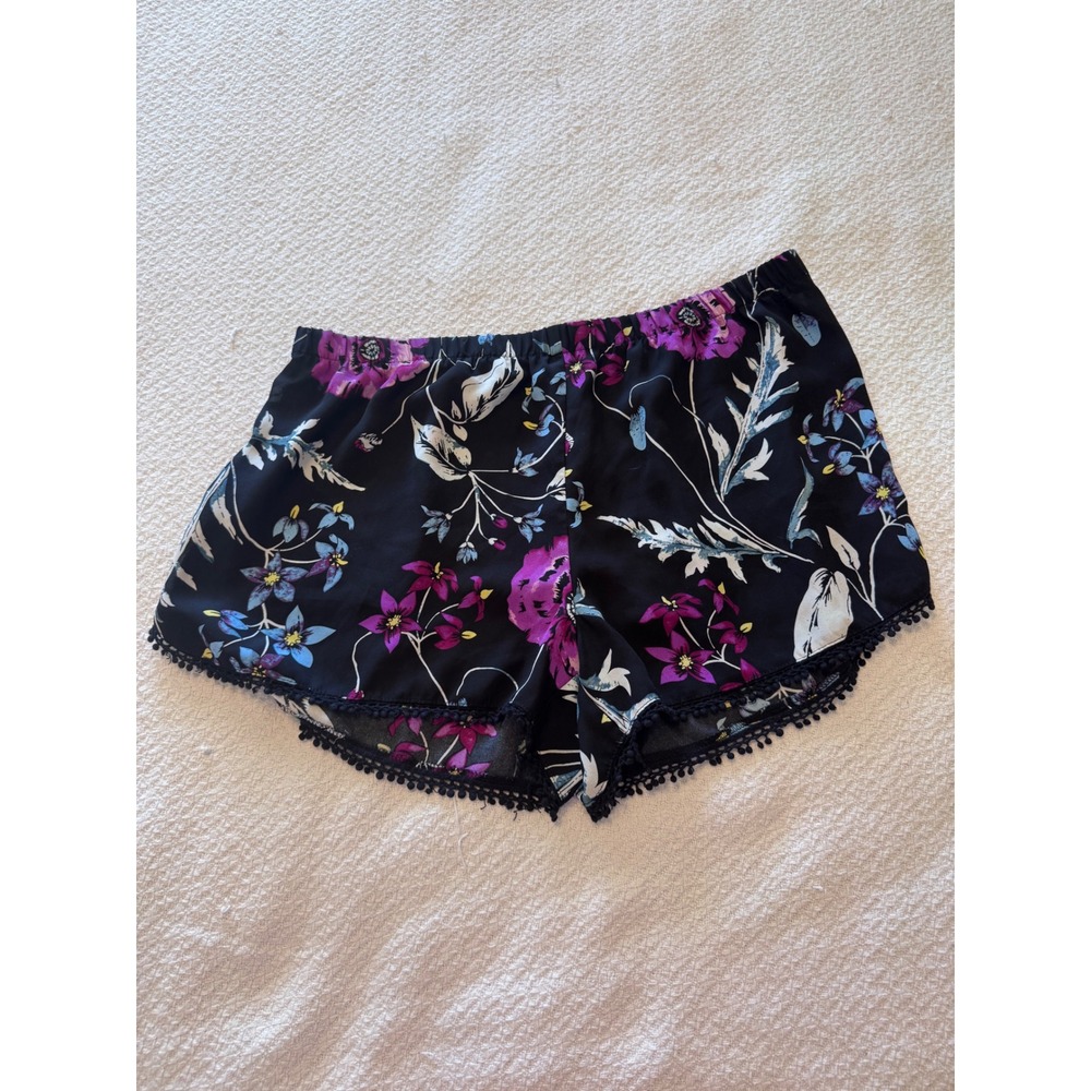 Express Floral Pom Pom Trim Shorts Black Purple Blue Botanical Print Womens M